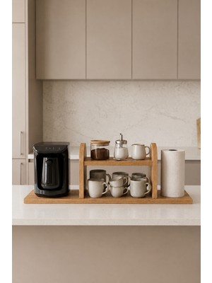 Aspera Wood Ahşap 2 Katlı Kahve Standı – Kahve Köşesi / Mutfak Organizeri, Entegre Peçetelik - %100 Mdf