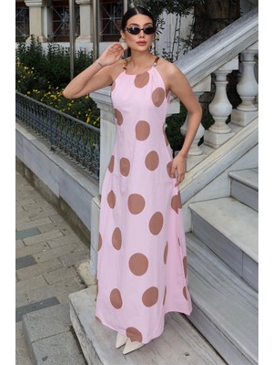 Kechi Woman Poplin Kumaş Büyük Puantiye Desenli Uzun Elbise — Pembe