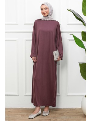 İmaj Butik Mürdüm Kol Katlı Oversize Modal Elbise