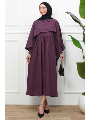 İmaj Butik Mürdüm Pelerinli Modal Elbise