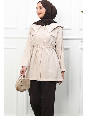 İmaj Butik Bej Beli Ipli Şal Yakalı Fermuarlı Modal  Tunik