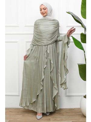 İmaj Butik Mint Yeşili Seyyar Pelerinli Fırfırlı Abiye