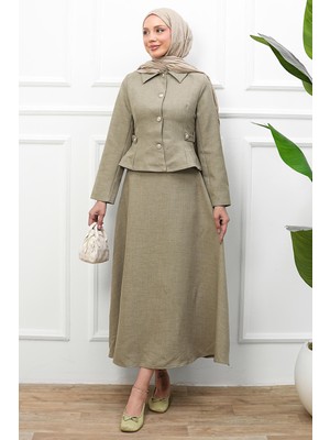 İmaj Butik Haki Düğmeli Ceket Etekli Takım