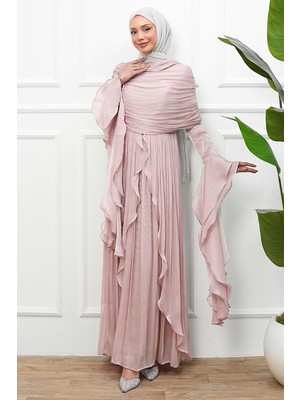 İmaj Butik Pudra Seyyar Pelerinli Fırfırlı Abiye