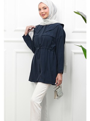 İmaj Butik Lacivert Beli Ipli Şal Yakalı Fermuarlı Modal  Tunik