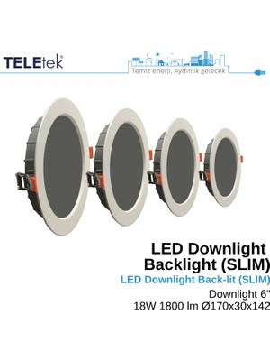 Teletek 18W LED Downlight 6 Backlight Slim Yuvarlak Beyaz Işık  Spot Sıva Altı Panel Armatür , IP44 Ince Kasa Spot Aydınlatma