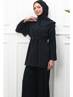 İmaj Butik Siyah Beli Ipli Şal Yakalı Fermuarlı Modal  Tunik