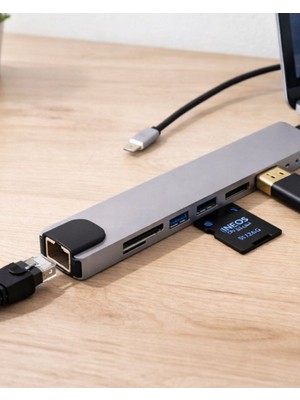 Çok Fonksiyonlu Type C Hub USB HDMI Ethernet Kart Okuyucu - MOVERA5603-7820