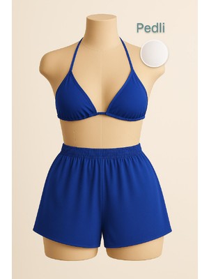 Kadın Mavi Şortlu Belden ve Boyundan Bağlamalı Bikini Takımı - MOVERA5361-7933