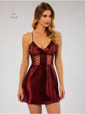 Intive Lingerie Intive Bordo Saten Önden Korse Görünümlü V Yaka Dantel Detaylı Sırtı Detaylı Mini Gecelik-Premium