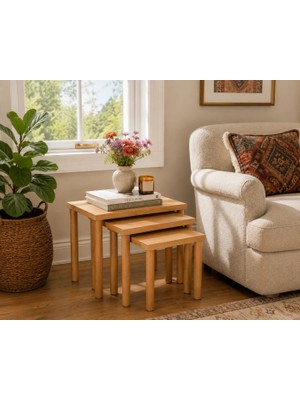 Fami Home Bohem 3’lü İç İçe Meşe Modern Ahşap Zigon Sehpa