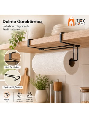 Tidy Home Premium Kağıt Havlu Askısı – Delmeden Takılan Siyah Metal Geçmeli Peçetelik, Dolap Içi Mutfak Organizeri