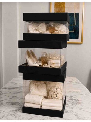 Rass Asetat Gelin&damat Çeyiz Bohça Kutusu Siyah 3'lü Set 1 Takım Şeffaf Katlanabilir Demonte Söz Nişan Hediyelik Büyük 33*33*40CM Orta 33*33* 25CM Küçük 33*33*15CM