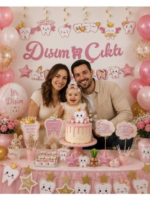 Bkmc Party Kız Bebekler Için Diş Buğdayı Parti Seti 26 Parça | Ilk Diş Partisi Süsleme Seti | Diş Buğdayı ve Diş Çıkarma Parti Seti | Dişim Çıktı Dekorasyon Temalı Parti Malzemeleri, Banner ve Pasta Süsü