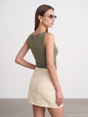 Dilvin 31589 Büzgülü Kayık Yaka Top-Haki