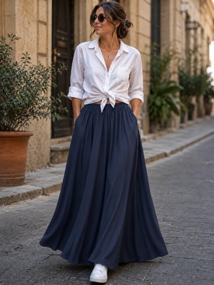 Seldağ Moda Gabardin Gizli Cepli Düz Lacivert Renk Beli Lastikli 95 cm Boy Maxi Kloş Etek