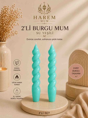 Harem Mum 2’li Su Yeşili Burgu Şamdan Mum Seti – Dekoratif El Yapımı Spiral Mum