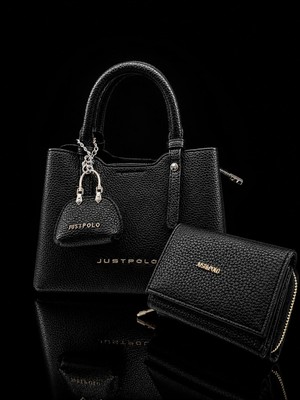 Just Polo Signature Luxury Kadın El Çantası ve Cüzdan Seti Siyah Silver Logo Çanta Gold Logo Cüzdan Premium Koleksiyon