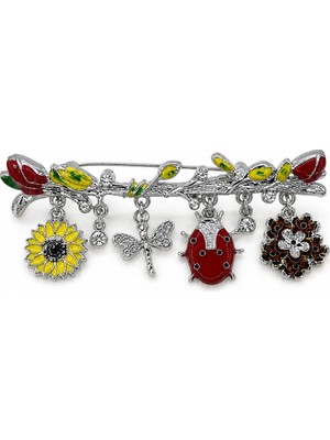 Stelle Jewelry Doğa Temalı Sallantılı Broş 8 cm – Ayçiçeği, Yusufçuk ve Uğur Böceği Figürlü Dekoratif Kadın Broş Rozet