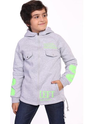 Toontoy Erkek Çocuk Kapüşonlu Fermuarlı Cepli Düşük Omuz Baskılı Reglan Kol Örme Hırka - Beli Ayarlanabilir Bağcıklı