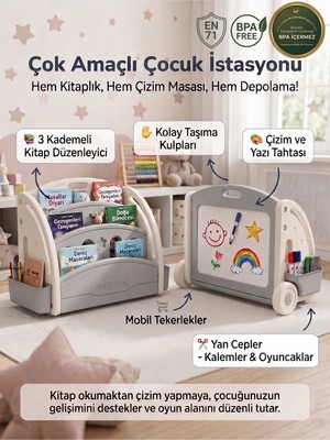 Crealisol Montimioong 3 Katlı Montessori Çocuk Kitaplığı Tekerlekli Oyuncak Düzenleyici Dolabı ve Yazı Tahtası