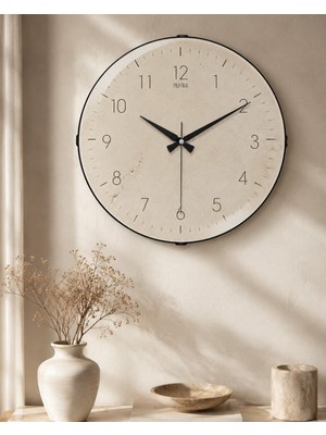 Wabi Sabi Duvar Saati 36 cm Bombe Camlı Muyika Traverten Taş Dokulu Sessiz Akar Modern Salon Mutfak