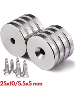 Eco Lounge 2 Adet 25X10/5X5,5 mm Neodyum Mıknatıs Havşa Delikli Magnet Vida Atılabilir N35 Nikel Paslanmaz