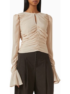 Rotate Birger Christensen Şifon Büzgülü Off White, Romantik Zarif Kadın Bluz