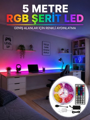 Epilons Rgb Şerit LED 5 Metre 5050 Smd Kumandalı Çok Renkli Ev Oda Tv Arkası Dekoratif Aydınlatma