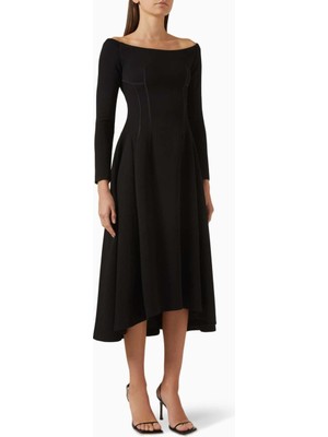 Eegen Studio Şıklık ve Rahatlık: Mimosa Off-Shoulder Midi Dress - A-Line Silüet, Umi Kumaş