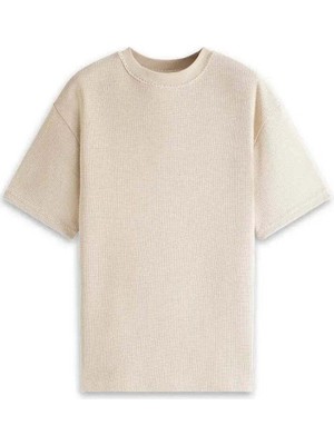 American Rag Cie El Yapımı Dantel Yaka Bej Pamuklu Waffle T-Shirt - Regular Fit