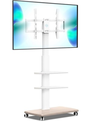 Fitueyes Tekerlekli ve Ahşap Tabanlı Beyaz Tv Sehpası, 32-65 Inç LCD LED Düz ve Kavisli Ekranlar Için