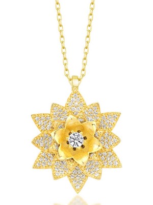 Tienda Elegante Gümüş Gold Beyaz Taşlı Lotus Çiçeği Kadın Kolye