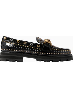 Kurt Geiger Mansion Stud Loafer, Siyah Rugan ve Antik Metal Detaylı Lüks Erkek / Kadın Ayakkabı