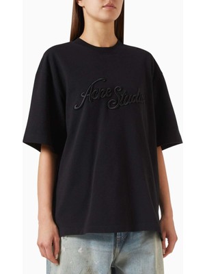 Acne Studios Siyah Logo Tişört - Pamuk - 3D Nakış - Rahat Kesim - Vintage Finish