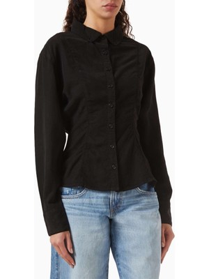 EB Denim Siyah Gömlek - Ipek Karışımı - Modern Kesim, Cepli ve Daraltılmış Bel Tasarımı