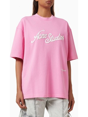 Acne Studios Pamuk Tişört - Pembe - %100 Pamuk - 3D Nakışlı - Vintage Doku - Rahat Kesim