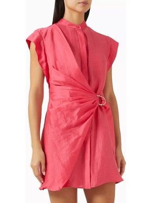 Acler Remnar Pembe Drapeli Mini Elbise, Linen Karışımlı Şık Tasarım