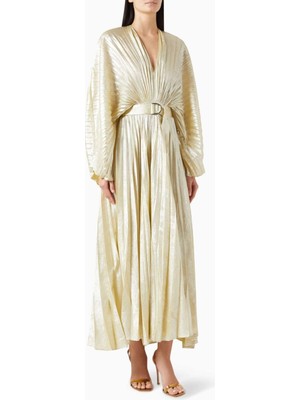 Acler Altın Renkli Pleated Elbise - D-V Yakası - D Halkalı Bel Kemeri - %100 Polyester