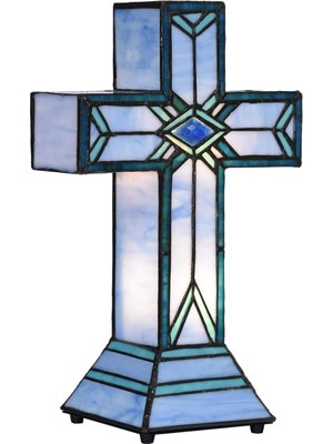 Home London Breeze Tiffany Tarzı Latin Haçı Masa Lambası, Mavi Vitray Cam, El Yapımı, 33 cm