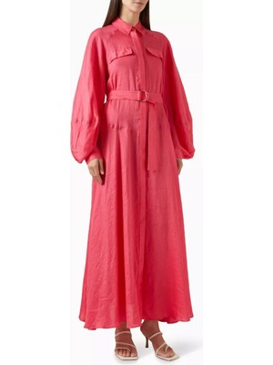 Acler Pennarly Pembe Kemerli Midi Elbise, Linen Karışımlı Şık Tasarım
