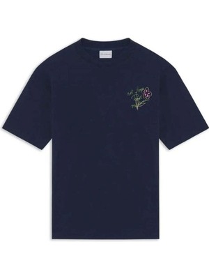 American Rag Cie Navy 100% Pamuk Ribana Yaka T-Shirt - Slogan Esquisse Erkekler Için