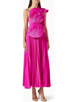 Acler Trusley Rosette Pleated Gown, Pembe Tek Omuz Abiye