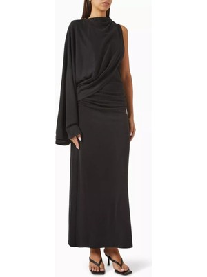 Acler Odder Midi Dress, Siyah Drapeli Elbise