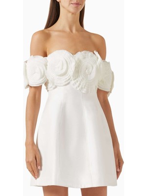 Acler Beyaz Off-Shoulder Mini Elbise - Aksesuarlı, %65 Polyester %35 Pamuk, Saten Kumaş