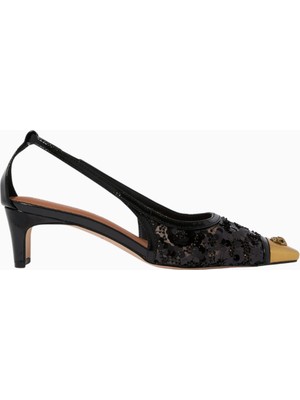 Kurt Geiger Regent 55 Low Open Court Mules, Parıltılı Siyah File ve Antik Pirinç