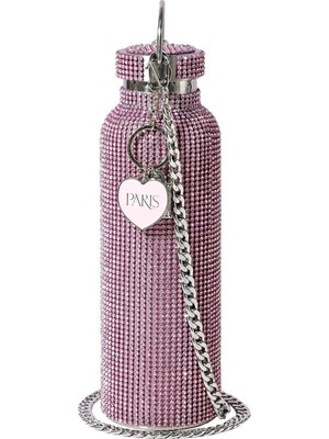 Paris Hilton 750 ml Pembe Paslanmaz Su Şişesi, Taşıma Zincirli, Elmas Taşlı