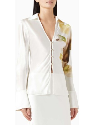 Acler Saten Gömlek - Beyaz - %76 Asetat, %24 Polyester - Çiçek Desenli, Derin Yaka, Butonlu