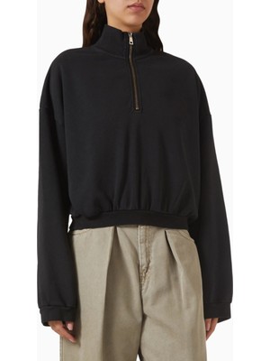 Haikure Flea Crop Sweatshirt, Siyah-Modern Kadın Pamuklu Crop Sweatshirt