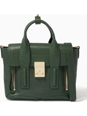 3.1 Phillip Lim Pashli Mini Yeşil Çanta Shark Deri Dokulu, Metal Detaylı ve Çapraz Askılı